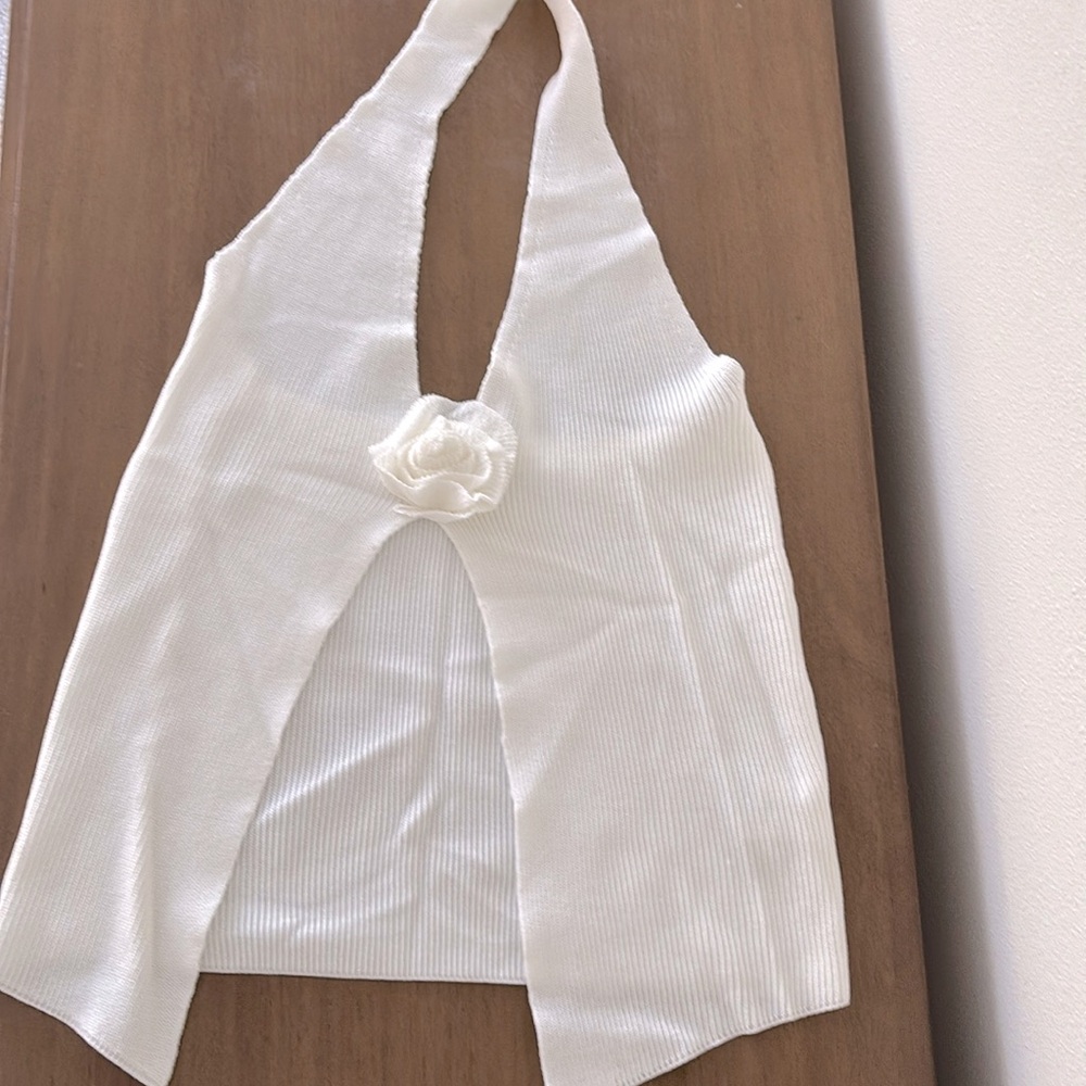 White Halter Top w/ Rose Appliqué